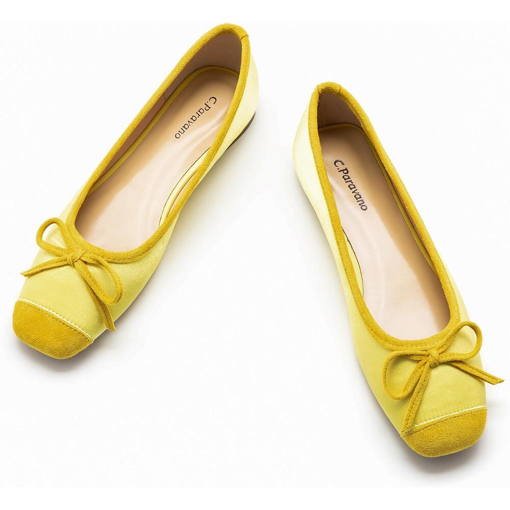 C.Paravano Flats Shoes for Women Yellow Ballet Flats Square Toe Yellow